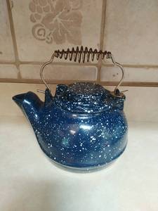 lot 86 image: Cast iron, enamel tea kettle