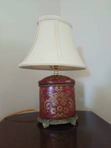 lot 102 image: Table lamp with enamel type base and fabric shade