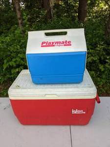 lot 315 image: Lot of Two Igloo Travel Coolers, Red Igloo 48 Quart and Blue Playmate 16 Quart