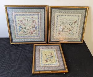 lot 129 image: Collection of (3) Beautiful Embroidered BirdFlower Wall Art Pieces