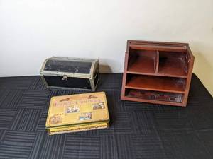 lot 118 image: Whitmans Chocolate Tin, Small Metal TrunkLunchbox, Wood Desk Organizer
