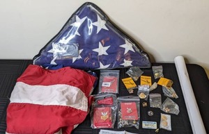 lot 105 image: Assorted Vanguard Navy Insignia, USA Flags, Pin Locks, Patriotic & HAM Radio Pins, US Navy Submarine Force Poster