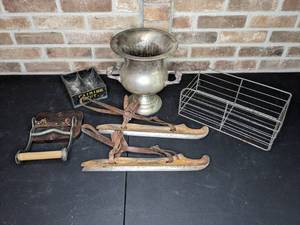 lot 216 image: Antique Assortment of Items Skates, Iron, Urn, Etc.