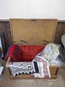 lot 211 image: Wooden Chest Filled with Assorted Rugs and Blankets