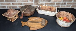 lot 203 image: Beautiful Wooden Baskets, Birdhouse and Raintree Fish