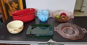 lot 67 image: Assortment of (6) Decorative Square Plate, Ruffled Vase, Centerpiece Bowl, Round Glass Platter and More