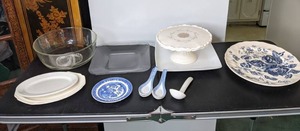 lot 70 image: Collection of Square Plates, Bailey Walker China Platter, Clear Glass Bowl, Elizabeth Johnson Bros Plate and More