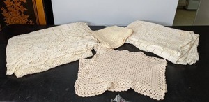 lot 72 image: Handmade Crochet Lace Table RunnersSquare Doilies, Beige