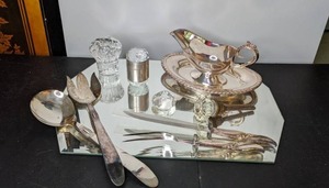 lot 73 image: Assortment of F.B. Rogers Silver Company Gravy Boat on Tray, Ladle, Serving Fork, Steak Fork & Knife and More