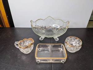 lot 62 image: Vintage Collection of (4) Gold Rim Cut Glass Centerpiece Bowl, Tray, Bowl and Small Pitcher