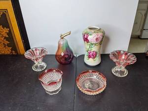 lot 64 image: Collection of (6) Glass Decorative Vase, Free Standing Pear, Cut Glass Dishes and More