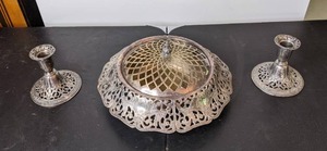 lot 57 image: Vintage Silver Decorative Candle Holders and Center Bowl