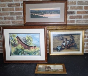 lot 222 image: Assortment of 4 Professionally Framed Paintings ABuck Watercolor, Bullfight, and Landscapes