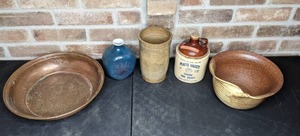 lot 247 image: Beautiful Assortment of Brass Bowl, Ceramic Vases, and a Platte Valley Whiskey Jug