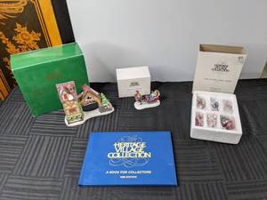 lot 445 image: Dept 56 Dickens Village Postern, Heritage Village Collection Winter Sleighride, Salvation Army Band, and A Book for Collectors 1988 Edition