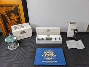 lot 446 image: Dept 56 Heritage Village Collection Town Square Gazebo, Village Wrought Iron Gate and Fence, Town Clock, and A Book for Collectors 1989 Edition