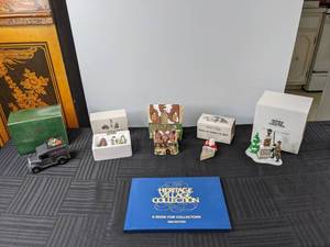 lot 448 image: Dept 56 Special Edition Village Express Van - Bachmans, Ye Olde Lamplighter, Alpine Villagers, Dedlock Arms Ornament, Down the Chimney He Goes,  A Book for Collectors 1988 Edition