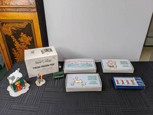 lot 449 image: Dept 56 Snow Village Fresh Frozen Fish, Candles By The Doorstep, Green Park Bench, Dickens Village Town Clock - Green, Brite Lites Merry Christmas, Reindeer, Snowman