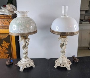 lot 96 image: Set of 2 Ornate Table Lamps with Cherubs and Porcelain Shades