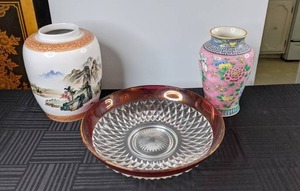 lot 100 image: (2) Beautiful Decorative Vase (Including Nippon) and Vintage Indiana Glass Diamond Point Ruby Red Flash Bowl