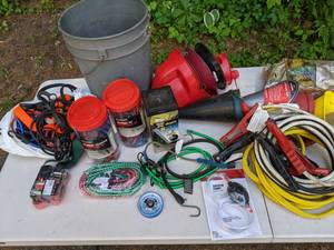 lot 399 image: Collection of Automotive Supplies  Jumper Cables, Funnels, Bungee Cords, Siphon Pump, Tow Rope and More