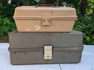 lot 459 image: Set of 2 Fishing Tackle Boxes FULL of Trolling Lures, Filet Knife, Bobbers, Hooks, Stringer, and SO MUCH MORE