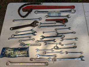 lot 463 image: Large Assortment of Wrenches, Chain Pipe Wrench, Hitch Ball Wrench, Etc.