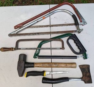 lot 382 image: 7-Piece Lot of Hand Tools Saws, Truper Blacksmith Hammer, Hatchet