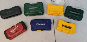 lot 388 image: 7 Drill Bit Sets DeWalt x2, Kobalt, Milwaukee, Hitachi, Masterforce x2