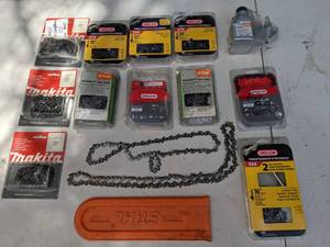 lot 389 image: Chainsaw Lot  12 NEW Chainsaw Chains (Stihl, Makita, Oregon), 2 Spare Chains, Bar Cover and Oil