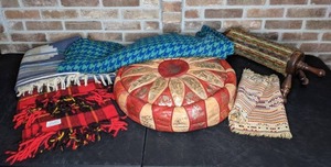 lot 502 image: Vintage Rolling Footstool, Faribo and Pendleton Wool Scarves, Pouf, and More