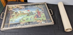 lot 551 image: Vintage International Tray Co. of New York with Japanese Scene, 2 Asian BotanicalBird Scrolls
