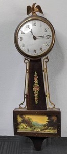 lot 472 image: Gilbert Banjo Clock with Brass Eagle on Top & Hand Painted Landscape