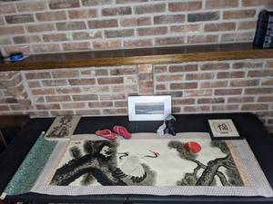 lot 526 image: Collection of Chinese Dcor Chinese Scroll, Asian Characters Happiness Framed Art by Chris Paschke, Kanani Beauties with Black Coral Figurine by Frank Schirman and More