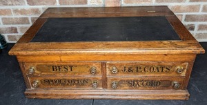 lot 23 image: Antique 4-Drawer J&P Coats Mercantile Countertop Spool Cabinet