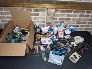 lot 511 image: Large Assortment of Miscellaneous Tools ScrewFlat Drivers, Extension Cords, Paint Repair Pen, Ear Plugs. WindowDoor Alarm, Soder-Wick, Outlet Covers, Outlet Kit and Much More