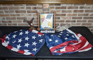 lot 516 image: Collection of Patriotic Dcor Eagle Figurine, Eagle Art by E.N. Fay, (2) American Flags and (4) God Bless American Flag Pins