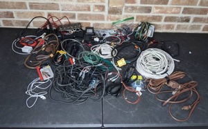lot 510 image: Large Assortment of Electrical Cables, Extension Cords, Alligator Clips, Ancel Battery Tester and More