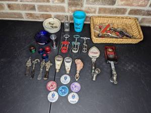 lot 281 image: Assortment of Hamms Schmidt Bud Beer Taps & Handles, Bottle Spouts, Winged Cork Screw Bottle Openers and More