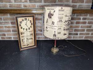 lot 520 image: Vintage Wood Framed Clock and Table Lamp with Jack Daniels Shade
