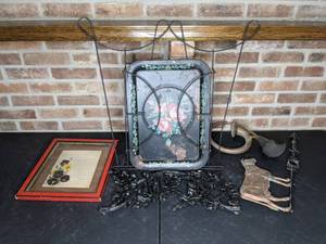 lot 527 image: Antique Decor Wrought Iron, Picture, Horn, and a Wrought IronBrass Cow