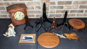 lot 529 image: Frame, Stands, Fish Decor, Tray, Wirehair Terrier statue,  and Earl. Antique Clock
