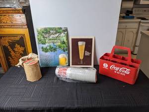 lot 582 image: Collectible Vintage Rare Hamms Beer Keg Serving Guide, Coca-Cola Carry Case and Cups, Heineken Coasters