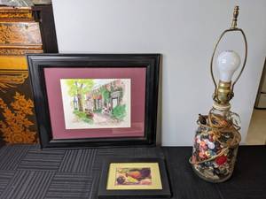 lot 583 image: Gorgeous Collection of 2 Framed Wall Art and a Unique Button-Filled Table Lamp