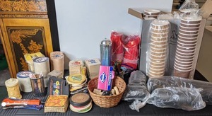 lot 558 image: Disposable Drinkware Plastic Cups, Straws with Dispenser, Coasters, Toothpicks, Stirrers, Wine Bottle Corks and More