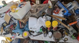 lot 600 image: Large Assortment of Miscellaneous Garage Items Propane Torch Kit, Foam Sealant, Tools and More