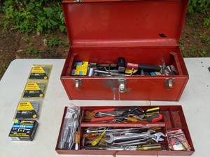 lot 593 image: Handymans Toolbox Filled With Tools  Stanley, Arrow, and More