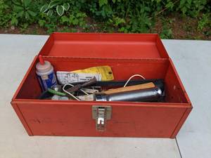 lot 650 image: Vintage Red Tool Box Filled with Hand Tools Hammer, Screwdrivers, Marking Chalk, Etc.