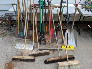 lot 765 image: A Collection of Shovels, Hoe, Brooms- All for Your Garage Needs