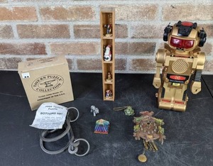 lot 620 image: Collection of Vintage Toys and Decor Tommy Atomic Robot, Lyons Loop Tavern Puzzle, Cuckoo Clock and More